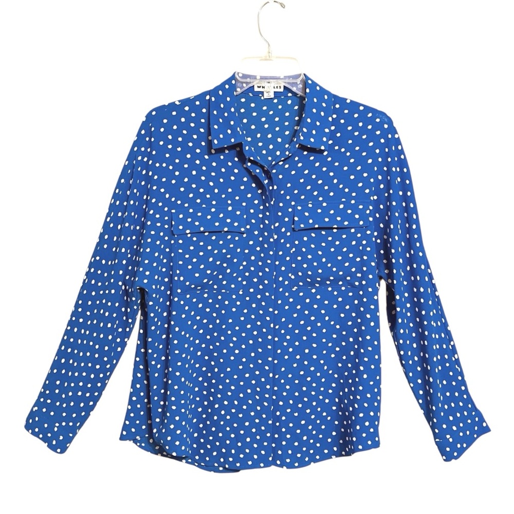 Whistles Selma Retro Polka Dot Blouse Womens 6 Blue Button Up Abstract Spot